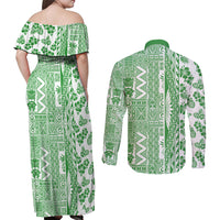 Hawaii Couples Matching Off Shoulder Maxi Dress and Long Sleeve Button Shirt Aloha Tropical Plants Tribal Pattern Green Version LT03 - Polynesian Pride