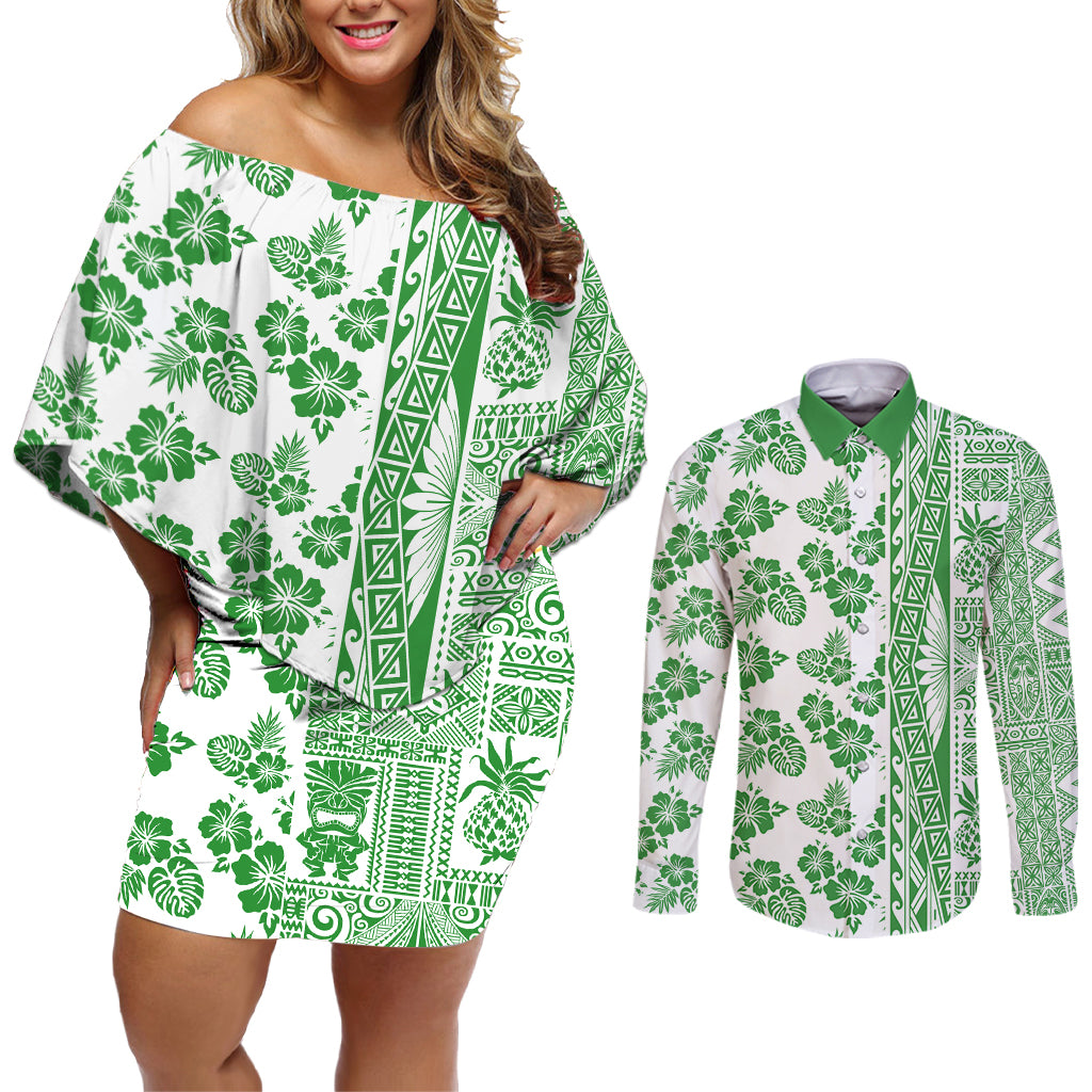 Hawaii Couples Matching Off Shoulder Short Dress and Long Sleeve Button Shirt Aloha Tropical Plants Tribal Pattern Green Version LT03 Green - Polynesian Pride