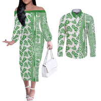 Hawaii Couples Matching Off The Shoulder Long Sleeve Dress and Long Sleeve Button Shirt Aloha Tropical Plants Tribal Pattern Green Version LT03 Green - Polynesian Pride