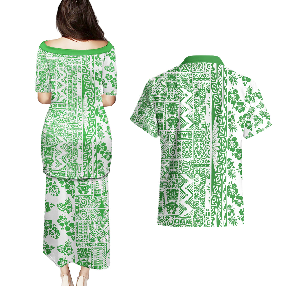Hawaii Couples Matching Puletasi Dress and Hawaiian Shirt Aloha Tropical Plants Tribal Pattern Green Version LT03 - Polynesian Pride