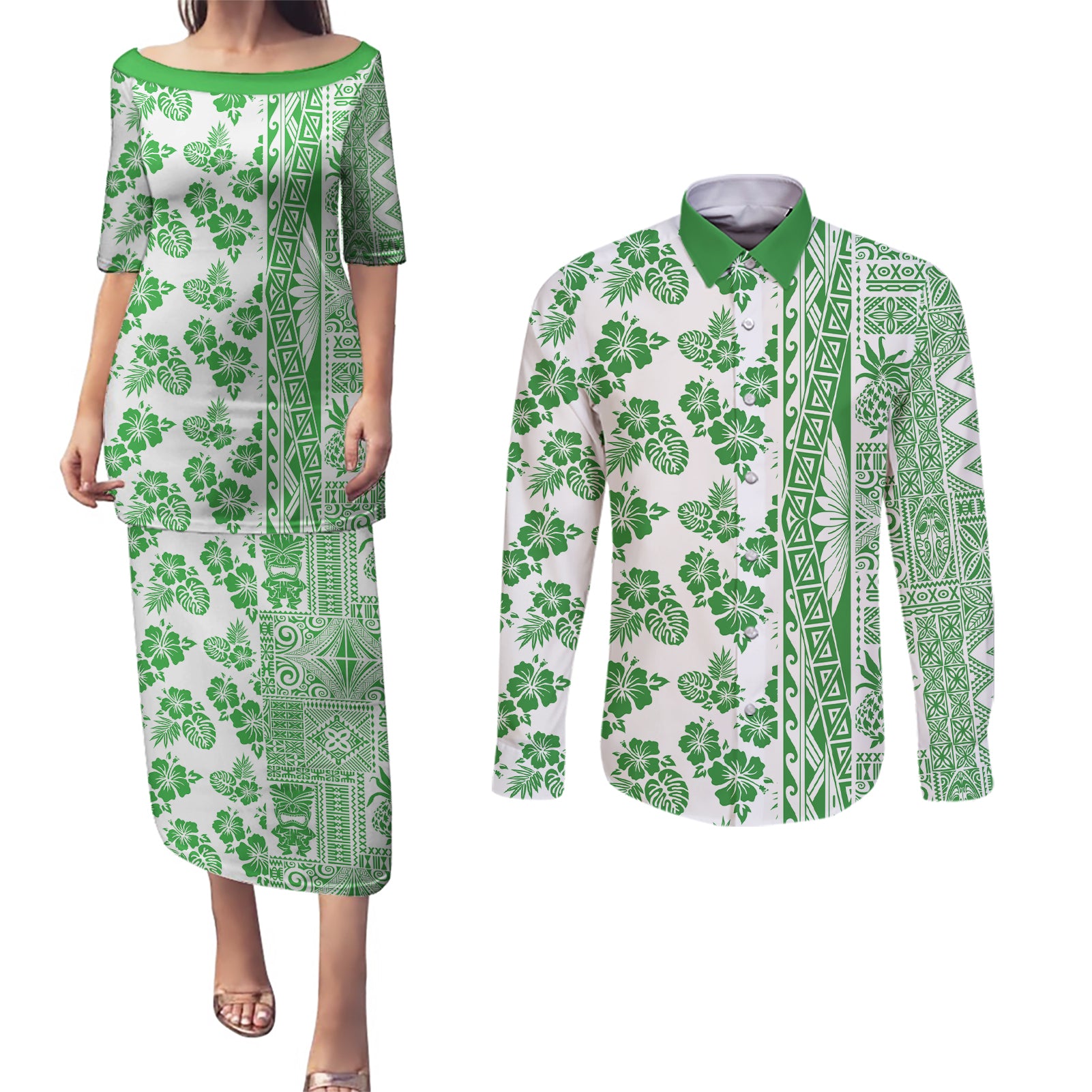 Hawaii Couples Matching Puletasi Dress and Long Sleeve Button Shirt Aloha Tropical Plants Tribal Pattern Green Version LT03 Green - Polynesian Pride