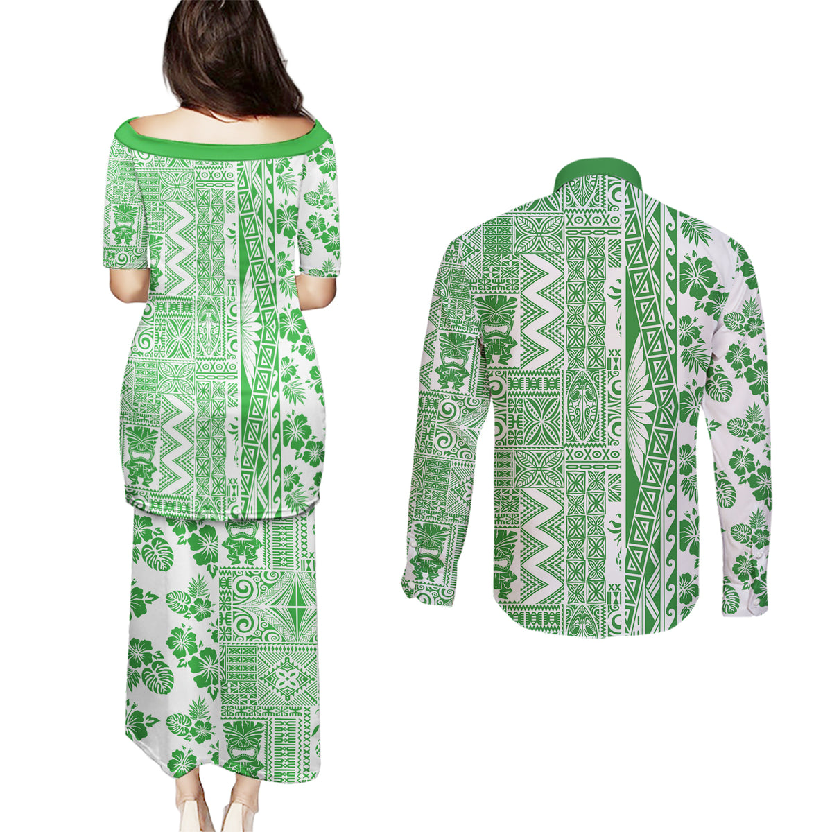 Hawaii Couples Matching Puletasi Dress and Long Sleeve Button Shirt Aloha Tropical Plants Tribal Pattern Green Version LT03 - Polynesian Pride