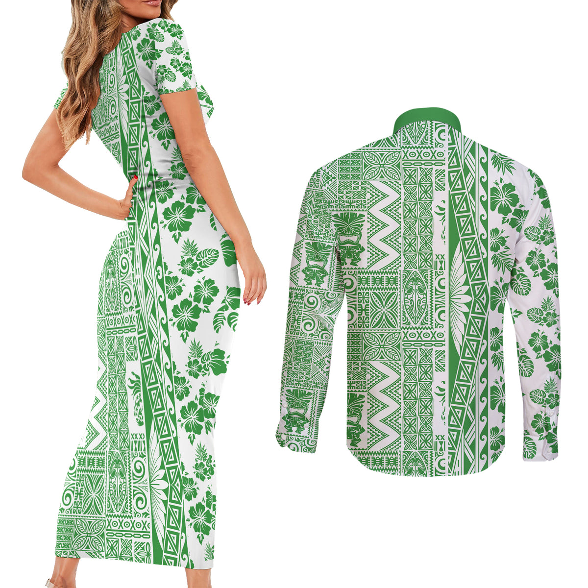 Hawaii Couples Matching Short Sleeve Bodycon Dress and Long Sleeve Button Shirt Aloha Tropical Plants Tribal Pattern Green Version LT03 - Polynesian Pride
