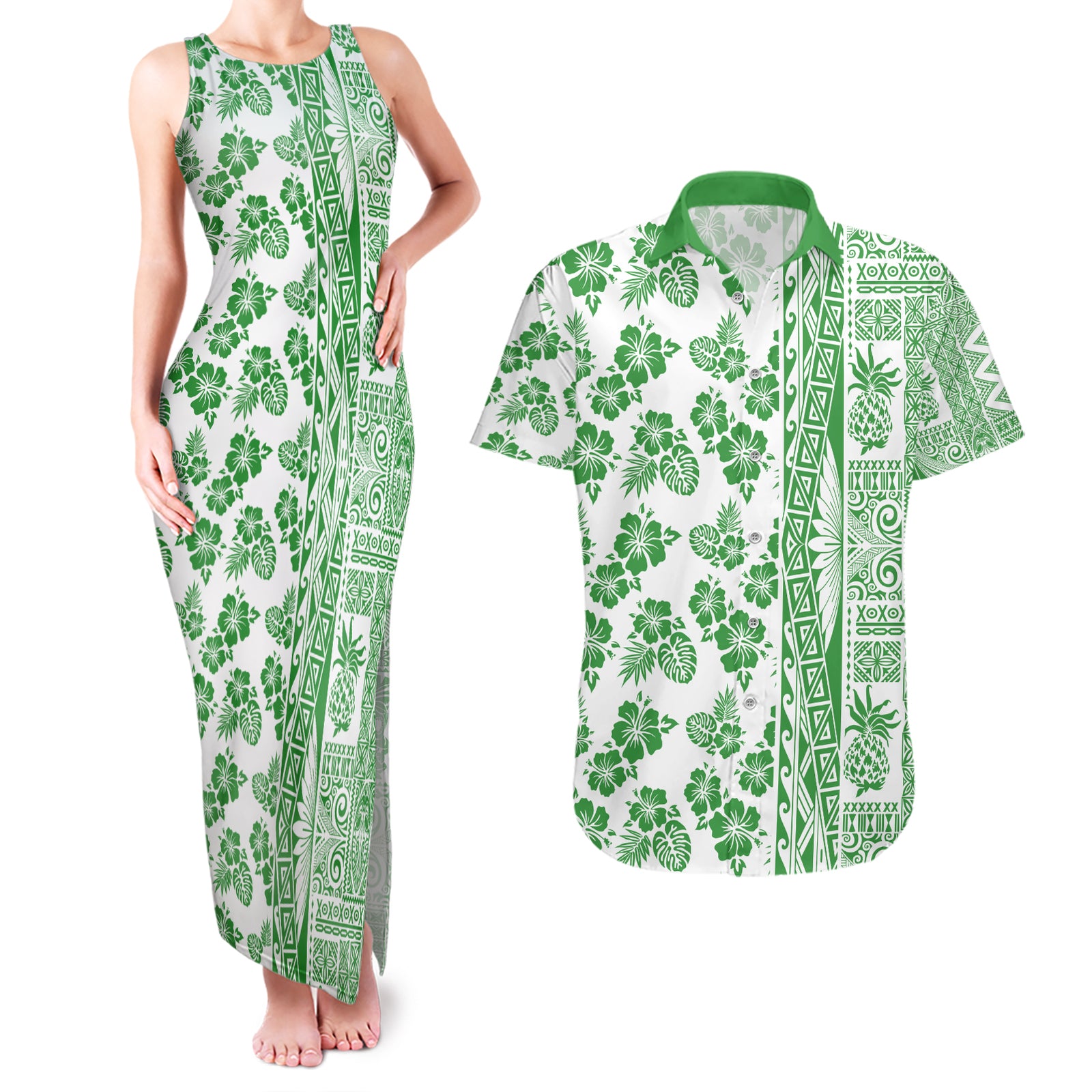 Hawaii Couples Matching Tank Maxi Dress and Hawaiian Shirt Aloha Tropical Plants Tribal Pattern Green Version LT03 Green - Polynesian Pride