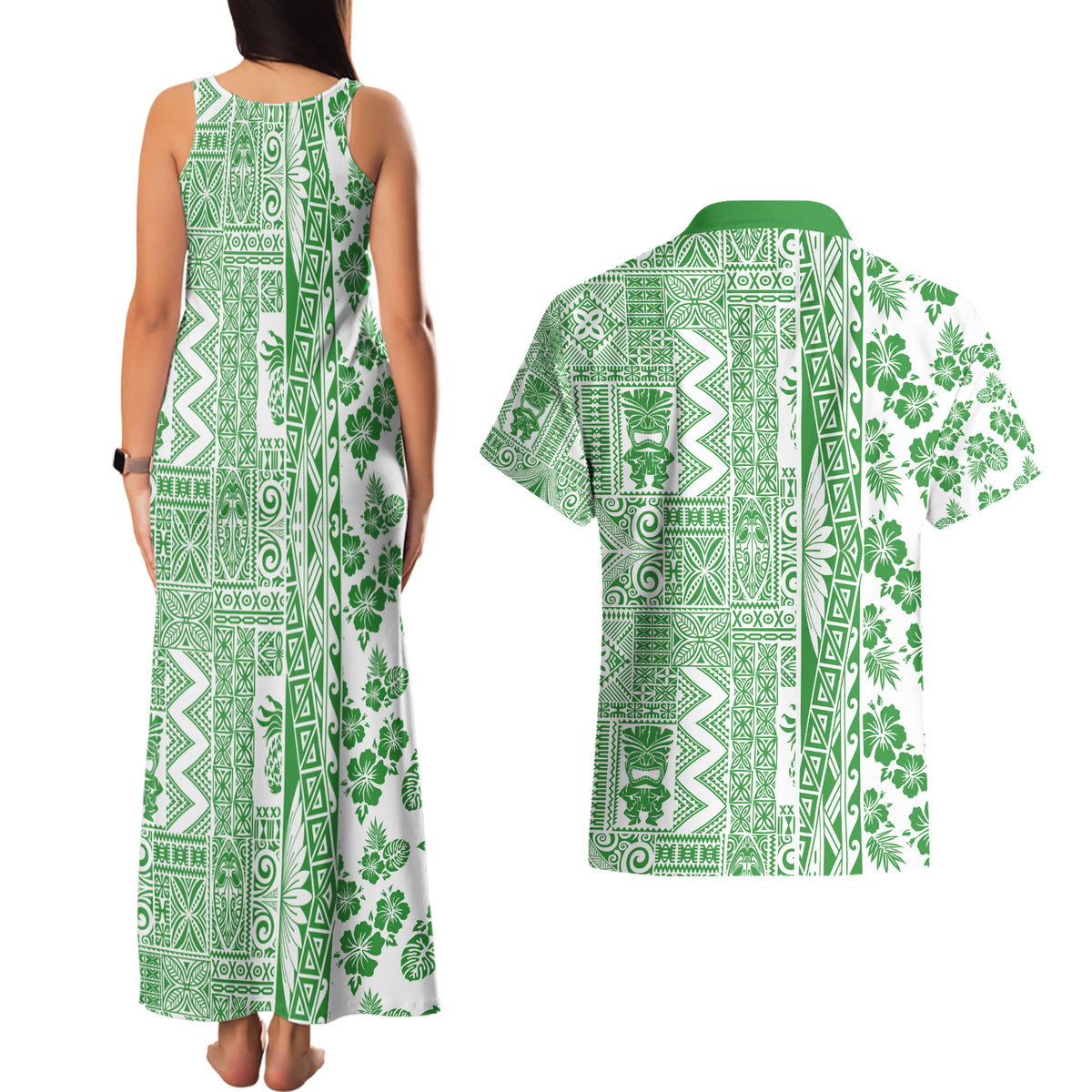 Hawaii Couples Matching Tank Maxi Dress and Hawaiian Shirt Aloha Tropical Plants Tribal Pattern Green Version LT03 - Polynesian Pride