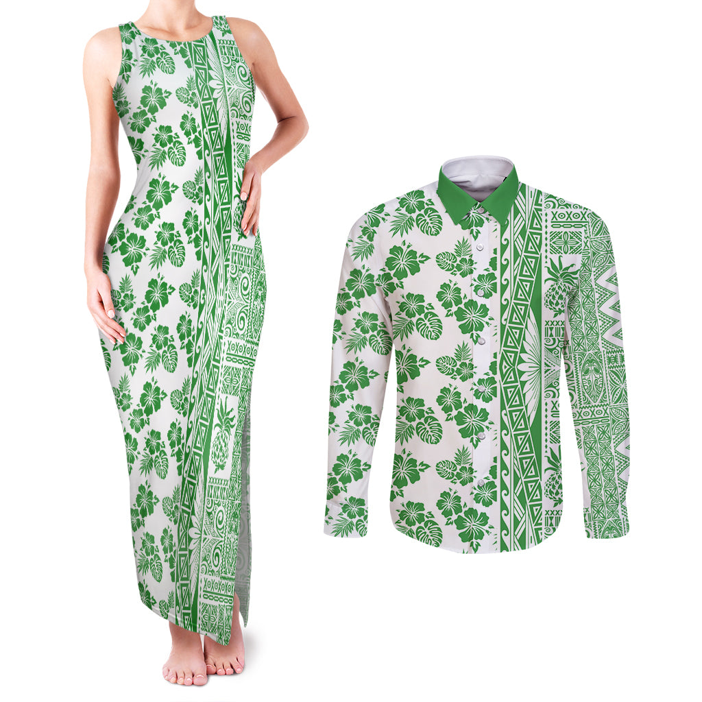 Hawaii Couples Matching Tank Maxi Dress and Long Sleeve Button Shirt Aloha Tropical Plants Tribal Pattern Green Version LT03 Green - Polynesian Pride