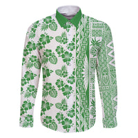 Hawaii Family Matching Off Shoulder Short Dress and Hawaiian Shirt Aloha Tropical Plants Tribal Pattern Green Version LT03 Dad's Shirt - Long Sleeve Green - Polynesian Pride