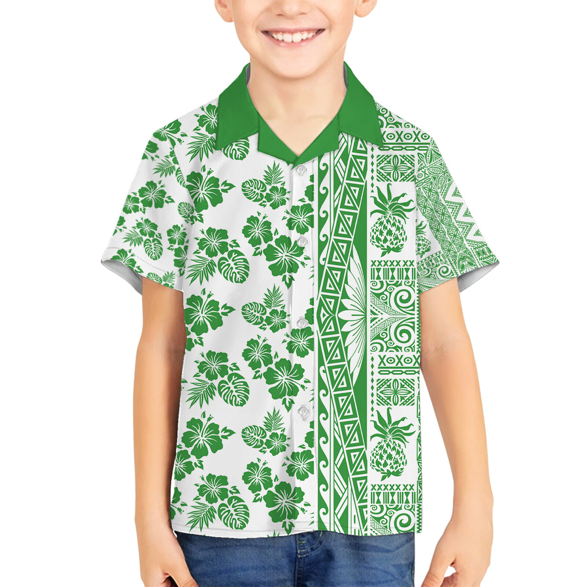 Hawaii Family Matching Off Shoulder Short Dress and Hawaiian Shirt Aloha Tropical Plants Tribal Pattern Green Version LT03 Son's Shirt Green - Polynesian Pride