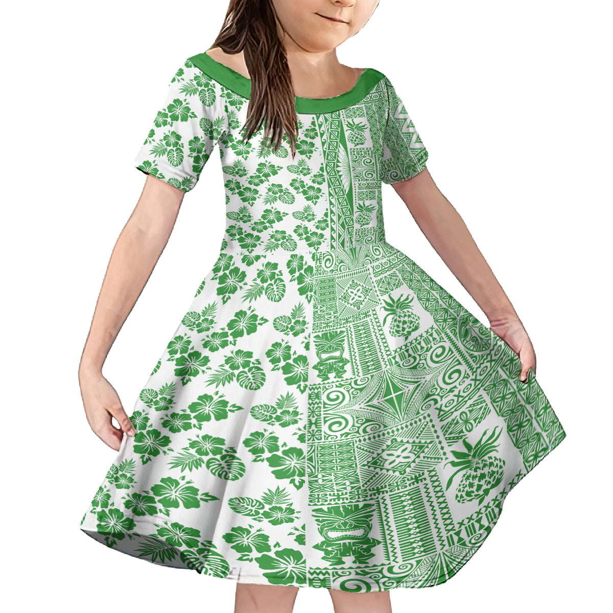 Hawaii Family Matching Puletasi Dress and Hawaiian Shirt Aloha Tropical Plants Tribal Pattern Green Version LT03 Daughter's Dress Green - Polynesian Pride