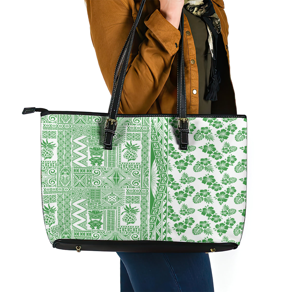 Hawaii Leather Tote Bag Aloha Tropical Plants Tribal Pattern Green Version LT03 - Polynesian Pride