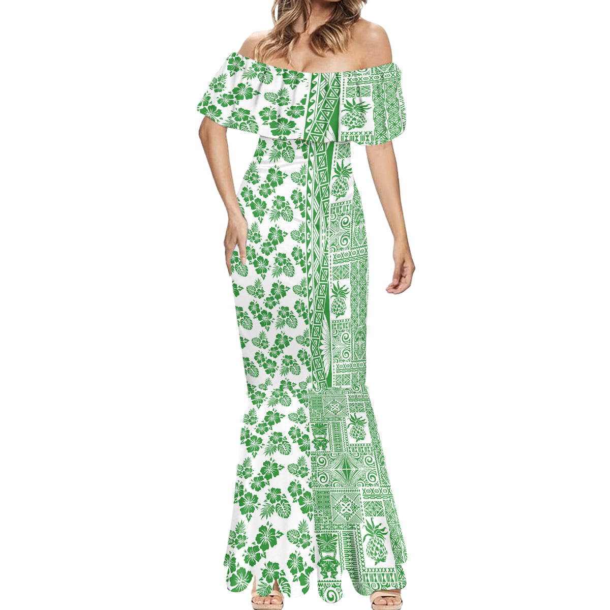 Hawaii Mermaid Dress Aloha Tropical Plants Tribal Pattern Green Version LT03 - Polynesian Pride