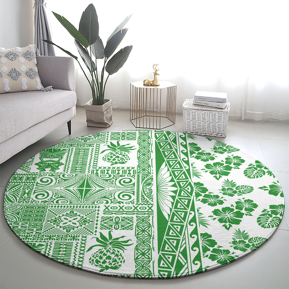 Hawaii Round Carpet Aloha Tropical Plants Tribal Pattern Green Version LT03 - Polynesian Pride