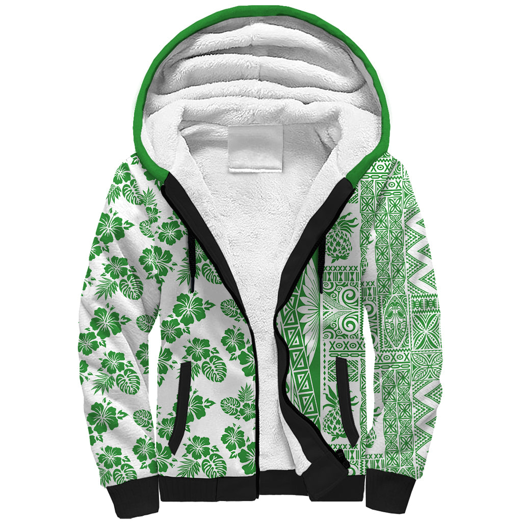 Hawaii Sherpa Hoodie Aloha Tropical Plants Tribal Pattern Green Version LT03 Unisex Green - Polynesian Pride