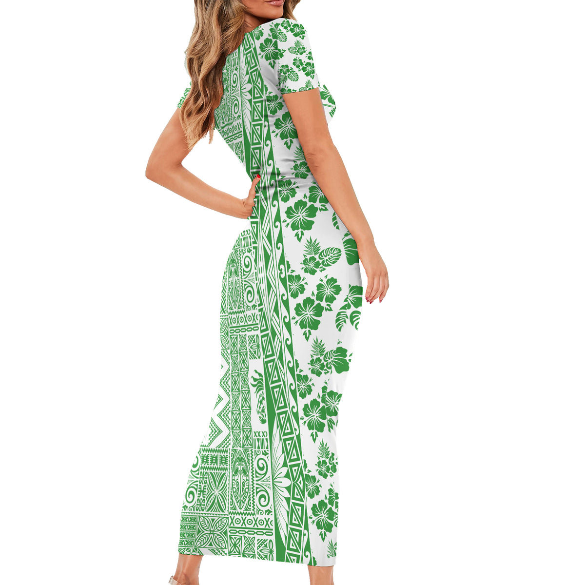 Hawaii Short Sleeve Bodycon Dress Aloha Tropical Plants Tribal Pattern Green Version LT03 - Polynesian Pride