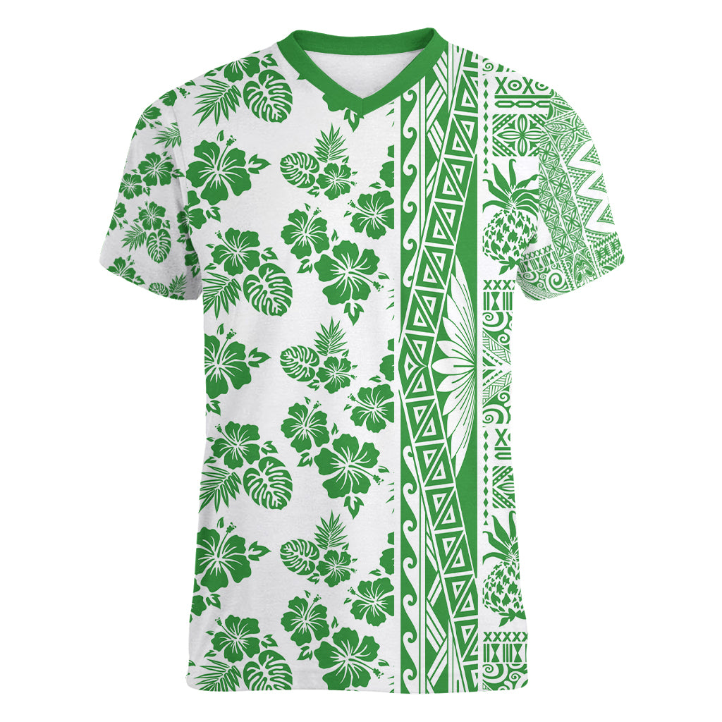 Hawaii Women V Neck T Shirt Aloha Tropical Plants Tribal Pattern Green Version LT03 Female Green - Polynesian Pride