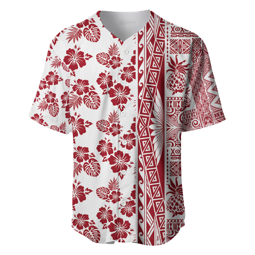 Hawaii Baseball Jersey Aloha Tropical Plants Tribal Pattern Red Version LT03 Red - Polynesian Pride