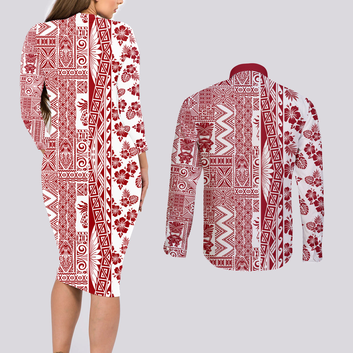 Hawaii Couples Matching Long Sleeve Bodycon Dress and Long Sleeve Button Shirt Aloha Tropical Plants Tribal Pattern Red Version LT03 - Polynesian Pride