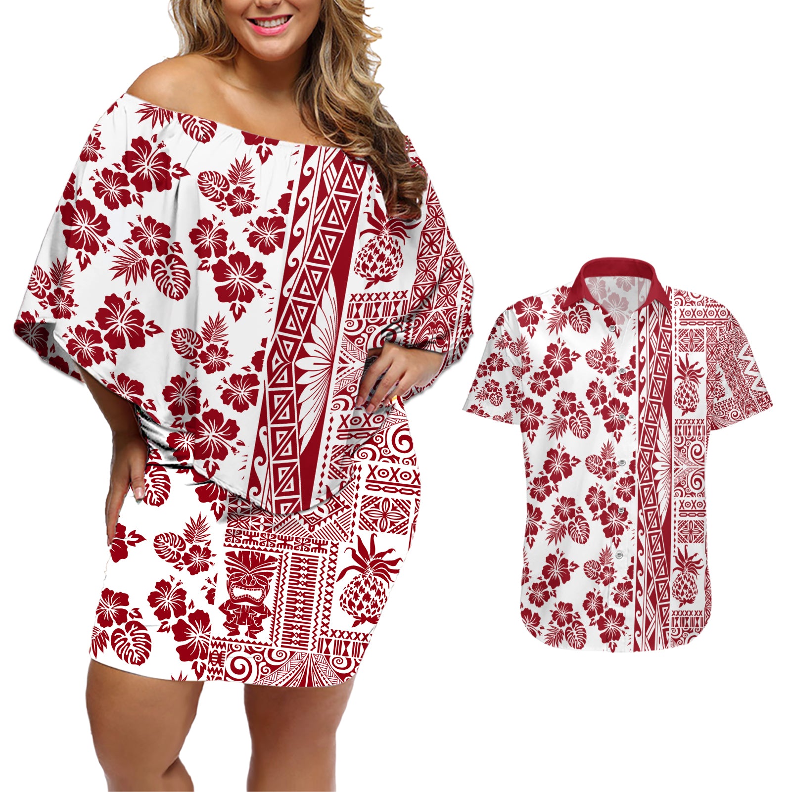 Hawaii Couples Matching Off Shoulder Short Dress and Hawaiian Shirt Aloha Tropical Plants Tribal Pattern Red Version LT03 Red - Polynesian Pride