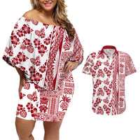 Hawaii Couples Matching Off Shoulder Short Dress and Hawaiian Shirt Aloha Tropical Plants Tribal Pattern Red Version LT03 Red - Polynesian Pride