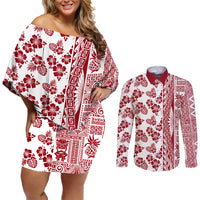Hawaii Couples Matching Off Shoulder Short Dress and Long Sleeve Button Shirt Aloha Tropical Plants Tribal Pattern Red Version LT03 Red - Polynesian Pride