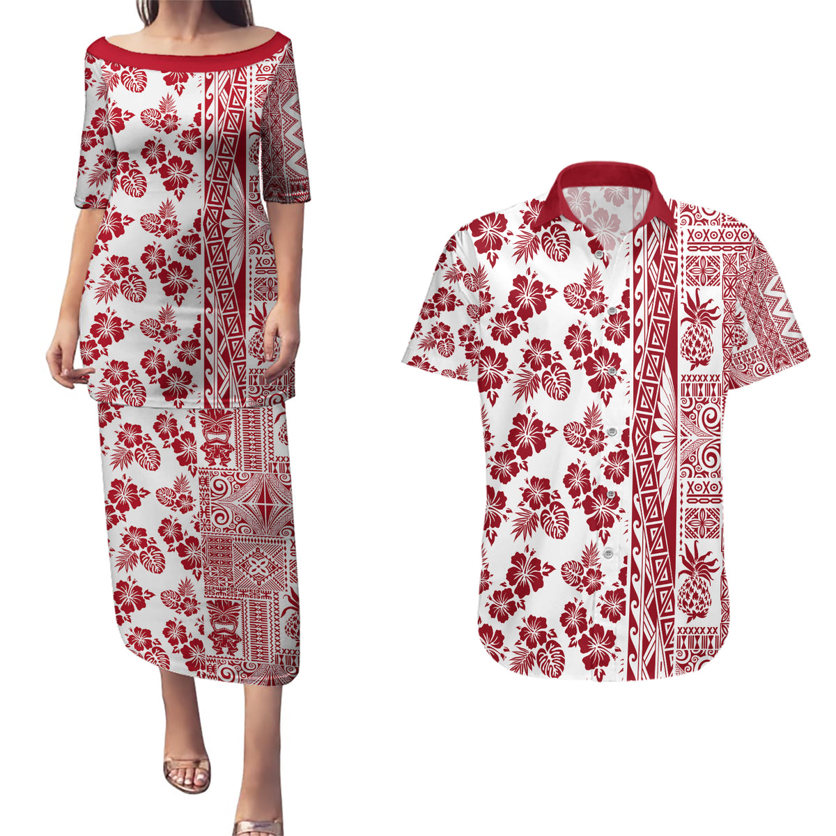 Hawaii Couples Matching Puletasi Dress and Hawaiian Shirt Aloha Tropical Plants Tribal Pattern Red Version LT03 Red - Polynesian Pride