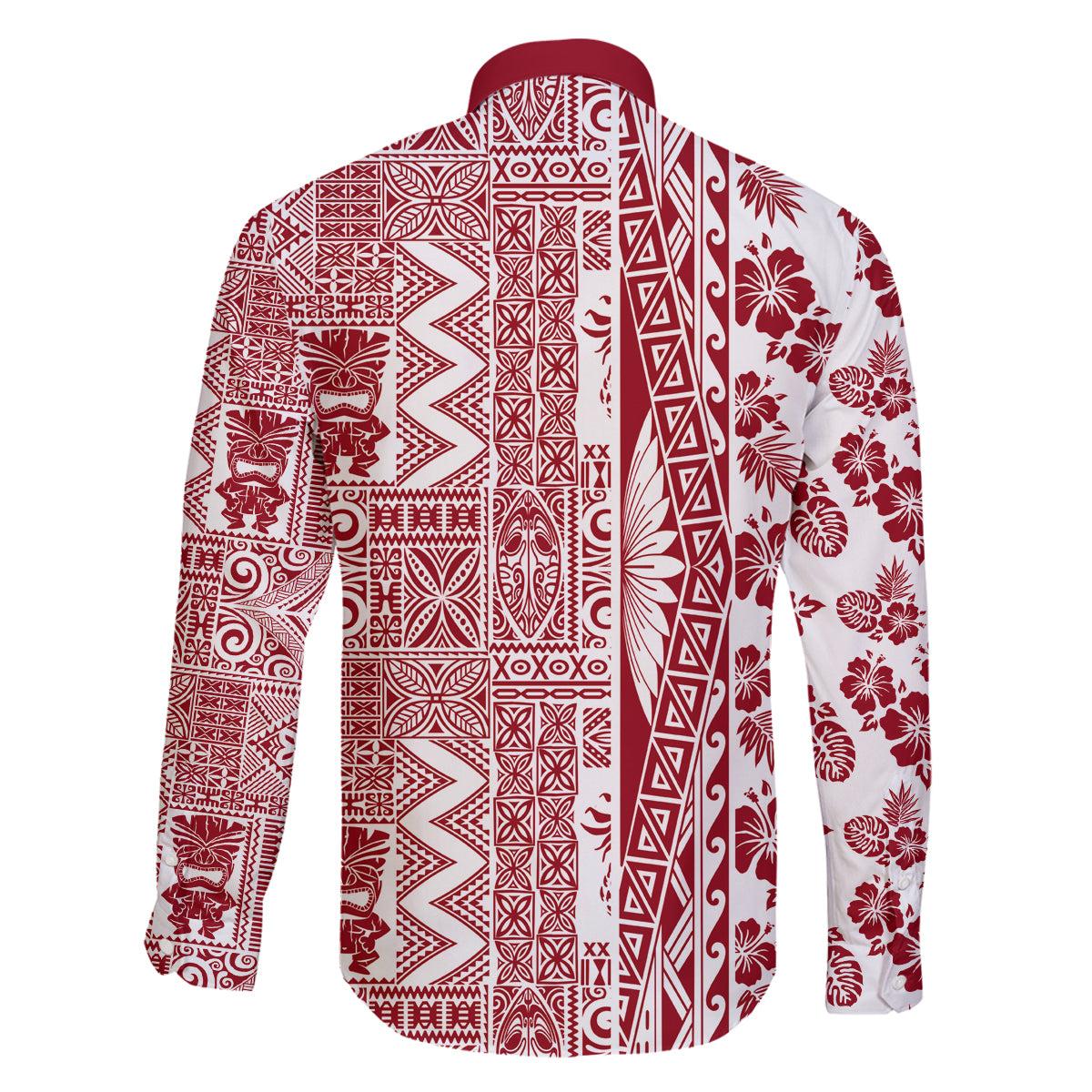 Hawaii Family Matching Long Sleeve Bodycon Dress and Hawaiian Shirt Aloha Tropical Plants Tribal Pattern Red Version LT03 - Polynesian Pride