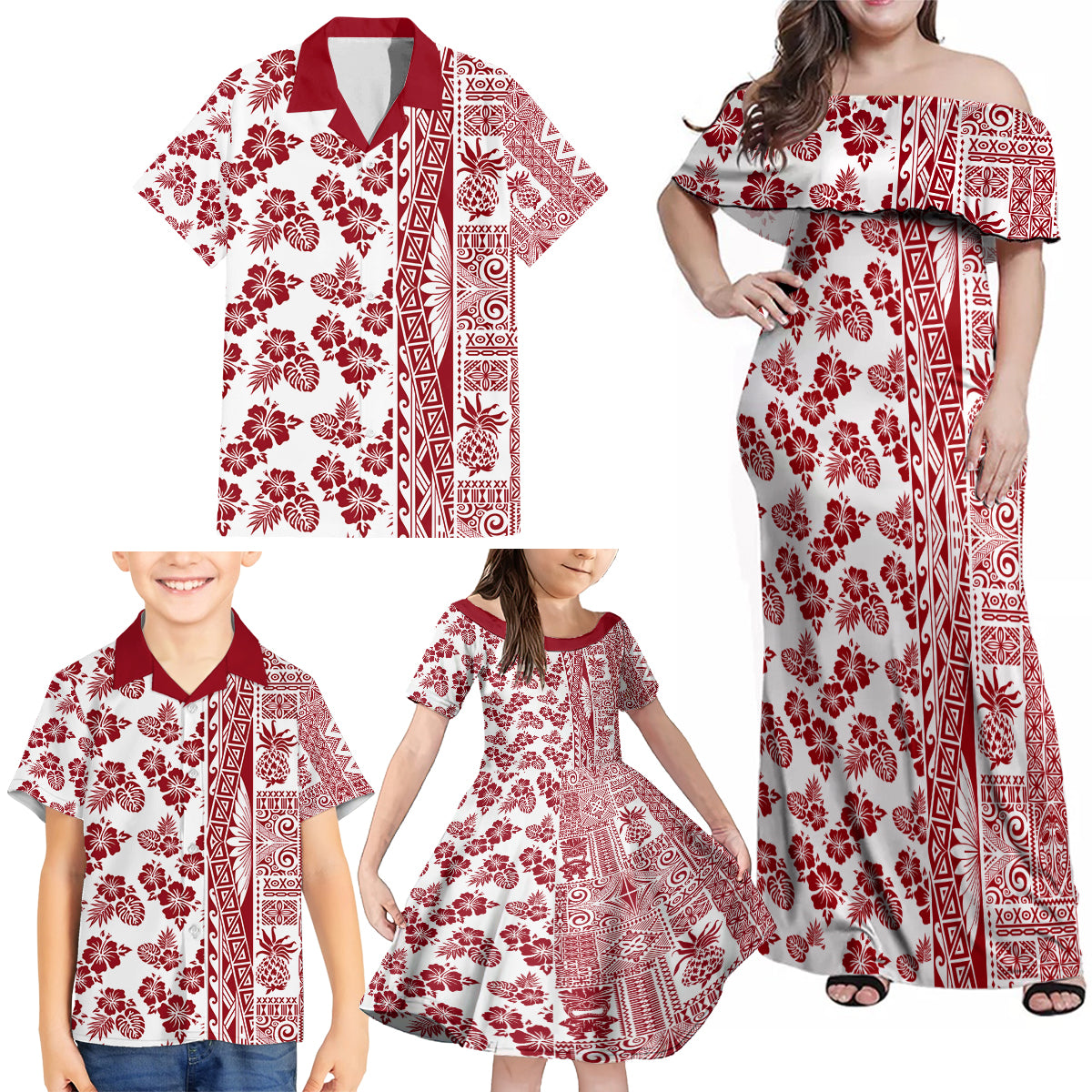 Hawaii Family Matching Off Shoulder Maxi Dress and Hawaiian Shirt Aloha Tropical Plants Tribal Pattern Red Version LT03 - Polynesian Pride