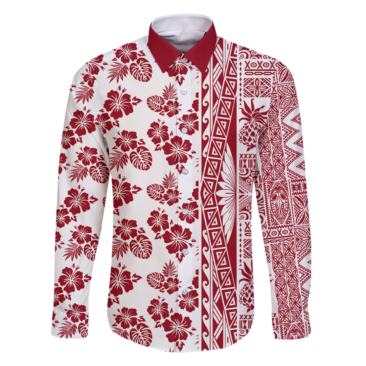 Hawaii Family Matching Tank Maxi Dress and Hawaiian Shirt Aloha Tropical Plants Tribal Pattern Red Version LT03 Dad's Shirt - Long Sleeve Red - Polynesian Pride