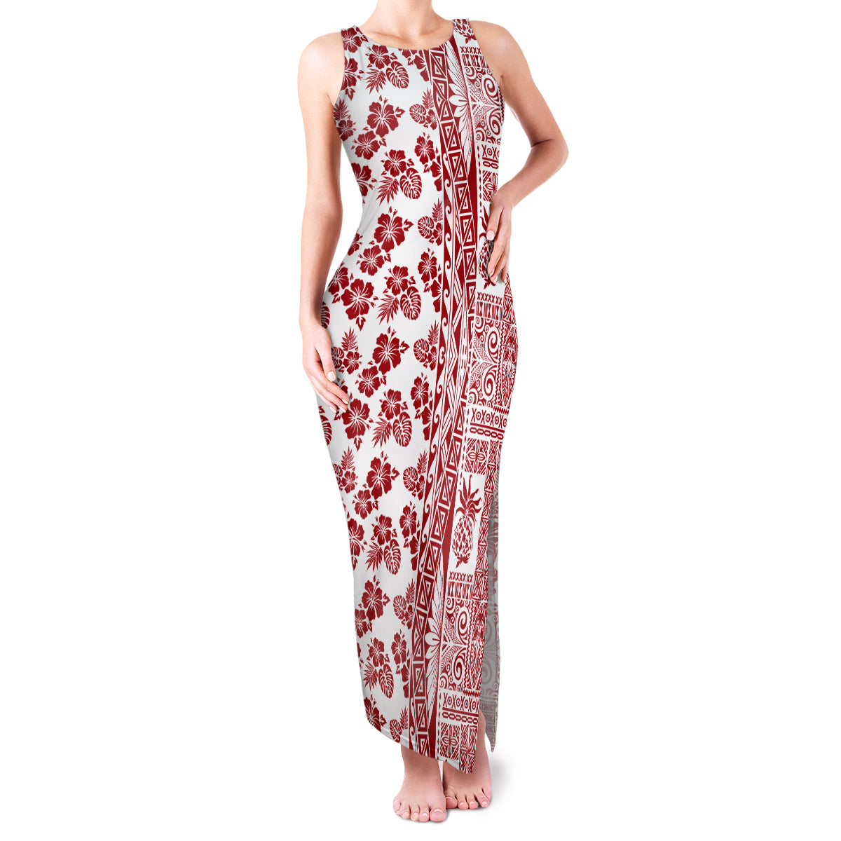 Hawaii Family Matching Tank Maxi Dress and Hawaiian Shirt Aloha Tropical Plants Tribal Pattern Red Version LT03 Mom's Dress Red - Polynesian Pride