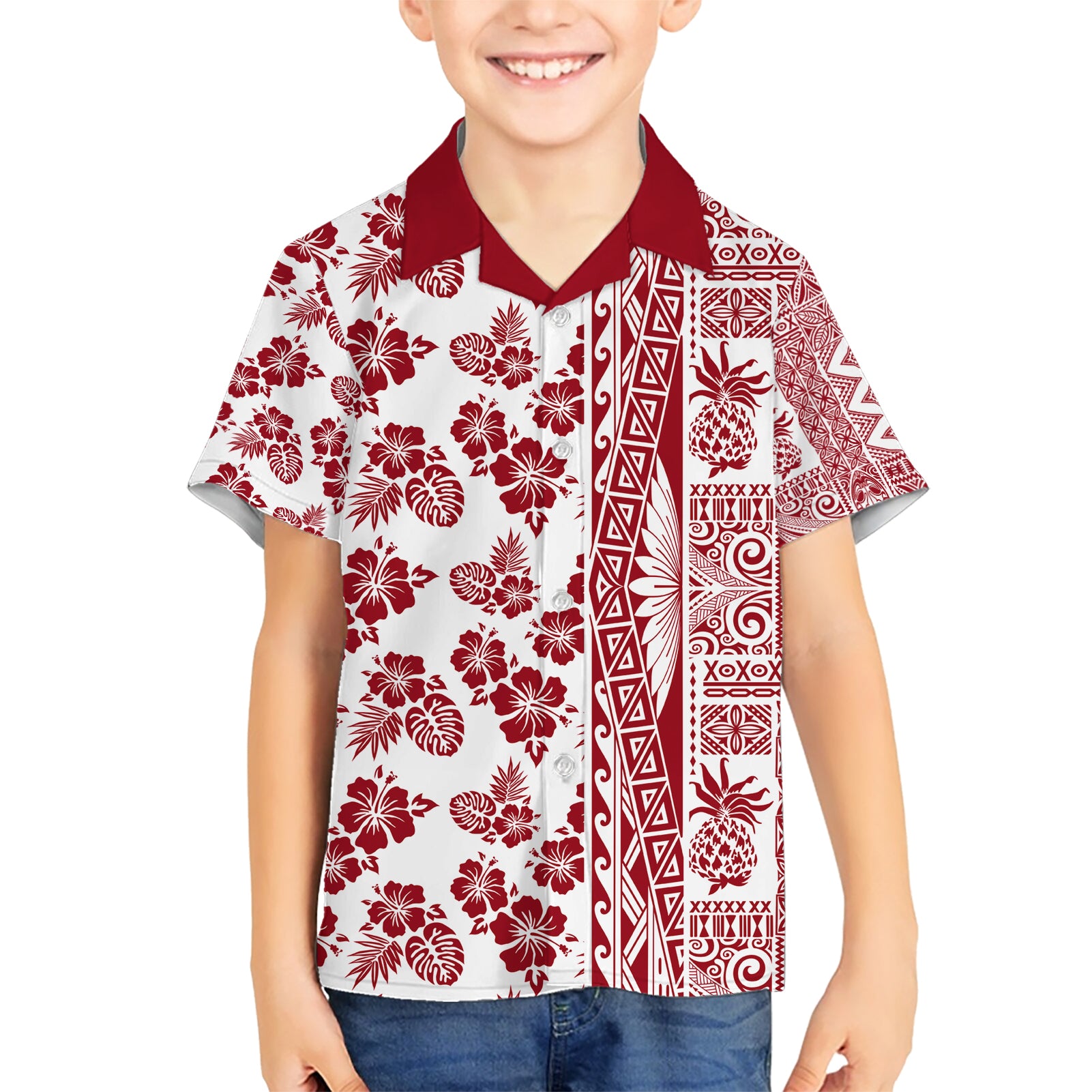 Hawaii Kid Hawaiian Shirt Aloha Tropical Plants Tribal Pattern Red Version LT03 Kid Red - Polynesian Pride