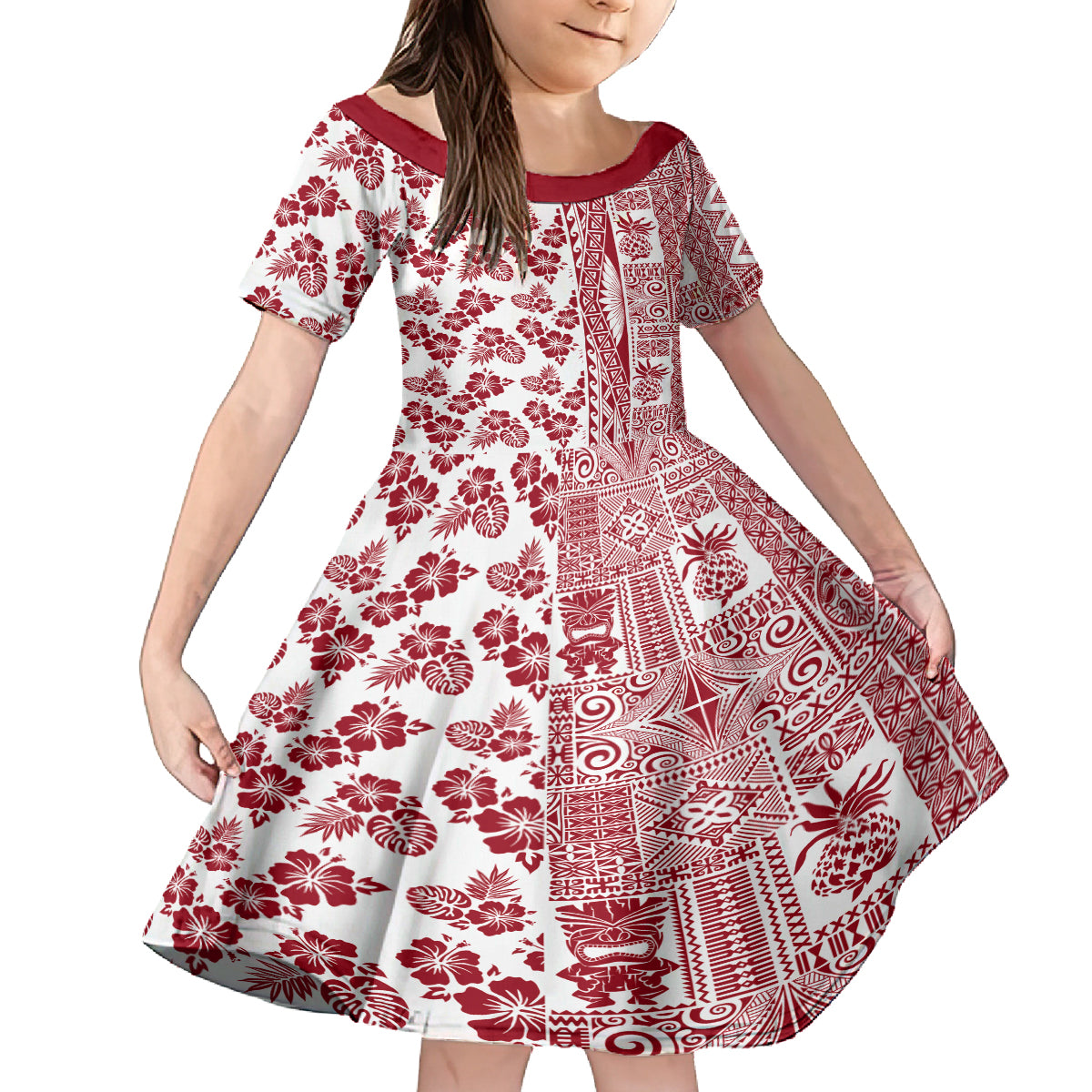 Hawaii Kid Short Sleeve Dress Aloha Tropical Plants Tribal Pattern Red Version LT03 KID Red - Polynesian Pride