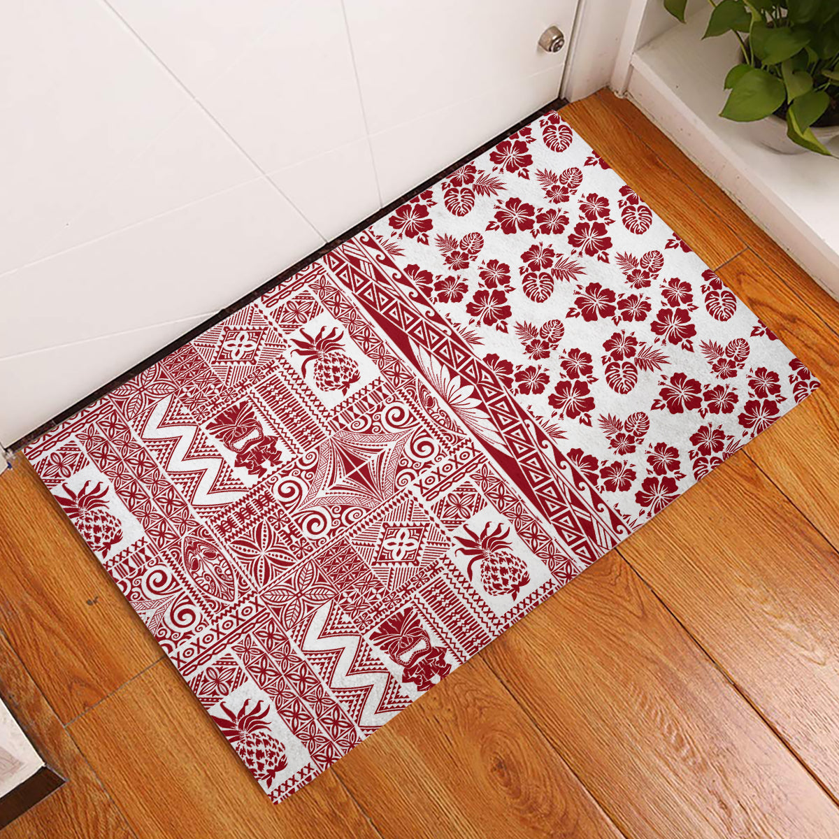 Hawaii Rubber Doormat Aloha Tropical Plants Tribal Pattern Red Version LT03 Red - Polynesian Pride