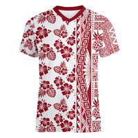 Hawaii Women V Neck T Shirt Aloha Tropical Plants Tribal Pattern Red Version LT03 Female Red - Polynesian Pride