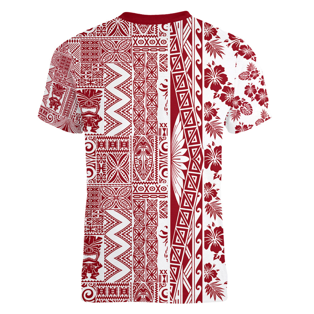 Hawaii Women V Neck T Shirt Aloha Tropical Plants Tribal Pattern Red Version LT03 - Polynesian Pride