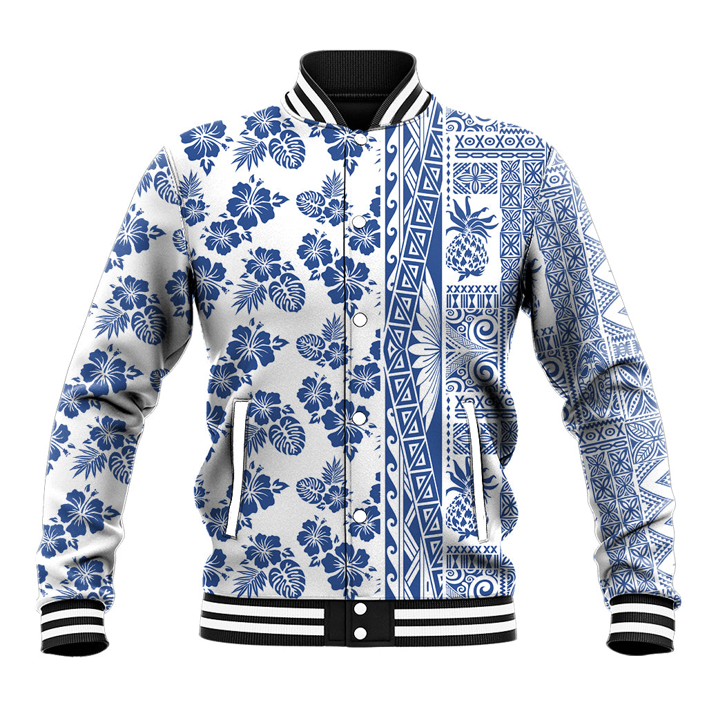 Hawaii Baseball Jacket Aloha Tropical Plants Tribal Pattern Blue Version LT03 Unisex Blue - Polynesian Pride
