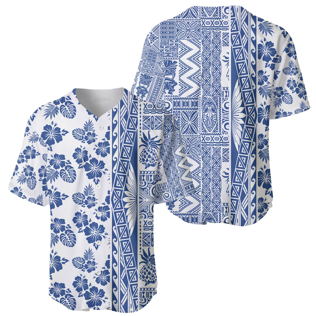 Hawaii Baseball Jersey Aloha Tropical Plants Tribal Pattern Blue Version LT03 - Polynesian Pride