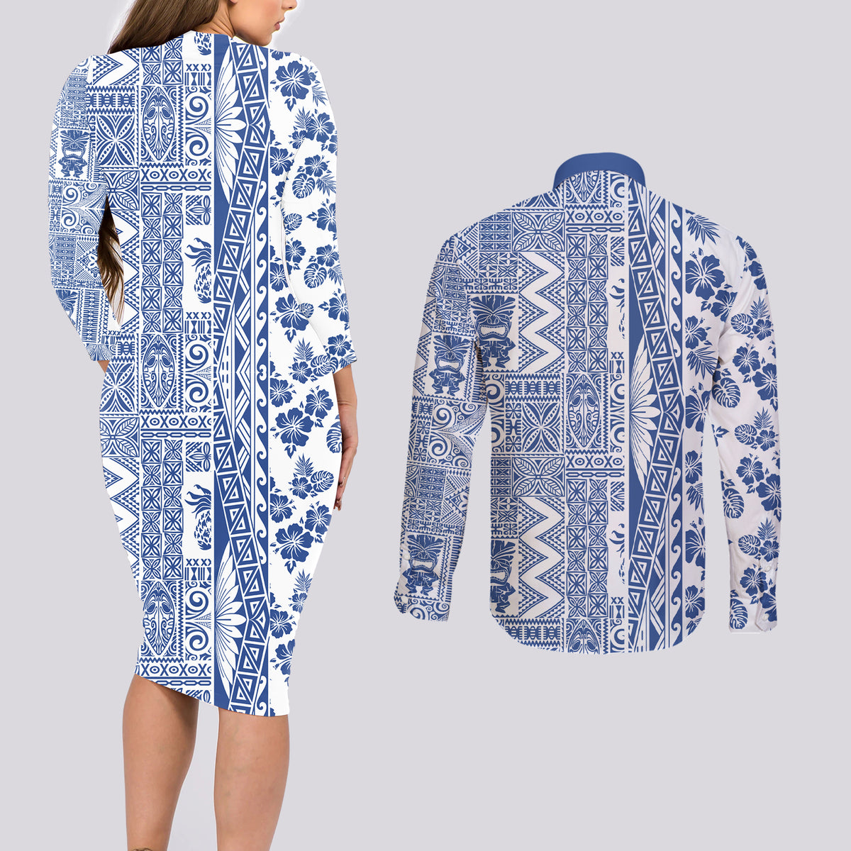 Hawaii Couples Matching Long Sleeve Bodycon Dress and Long Sleeve Button Shirt Aloha Tropical Plants Tribal Pattern Blue Version LT03 - Polynesian Pride
