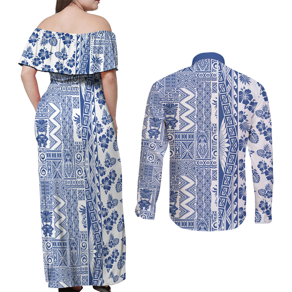 Hawaii Couples Matching Off Shoulder Maxi Dress and Long Sleeve Button Shirt Aloha Tropical Plants Tribal Pattern Blue Version LT03 - Polynesian Pride