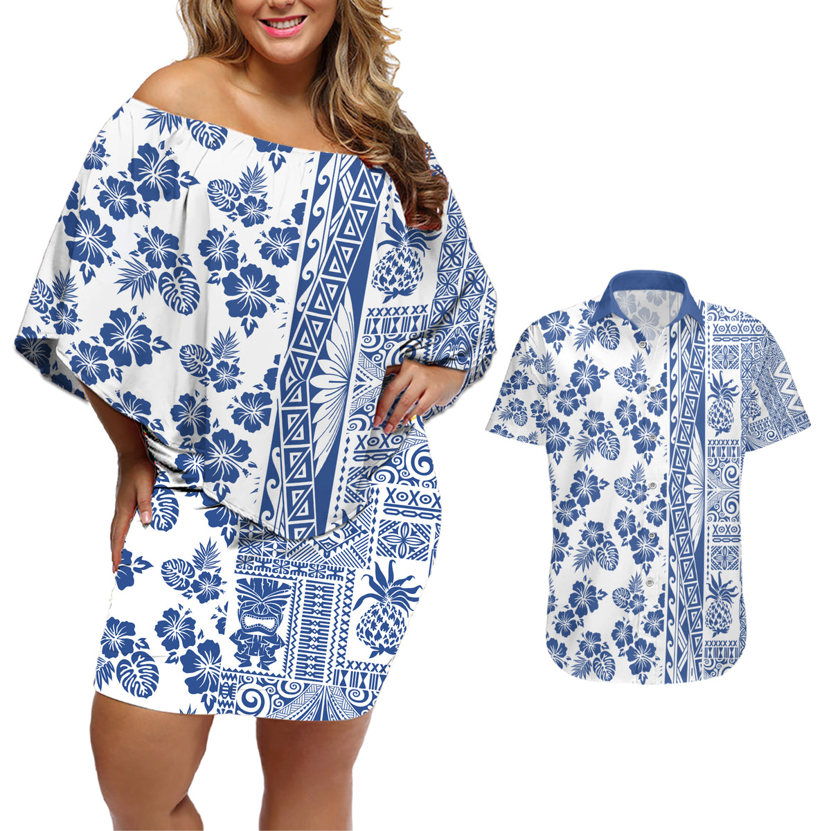Hawaii Couples Matching Off Shoulder Short Dress and Hawaiian Shirt Aloha Tropical Plants Tribal Pattern Blue Version LT03 Blue - Polynesian Pride
