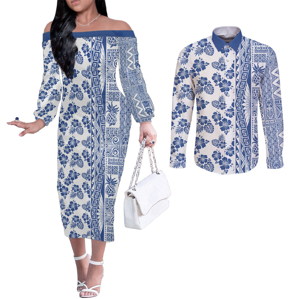 Hawaii Couples Matching Off The Shoulder Long Sleeve Dress and Long Sleeve Button Shirt Aloha Tropical Plants Tribal Pattern Blue Version LT03 Blue - Polynesian Pride