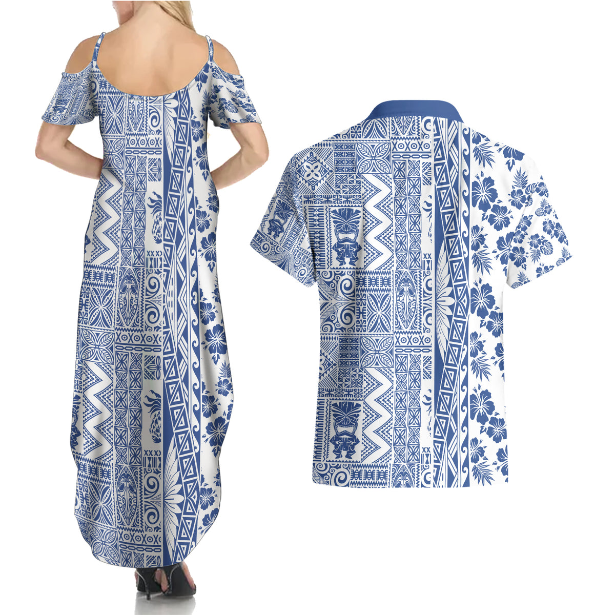 Hawaii Couples Matching Summer Maxi Dress and Hawaiian Shirt Aloha Tropical Plants Tribal Pattern Blue Version LT03 - Polynesian Pride