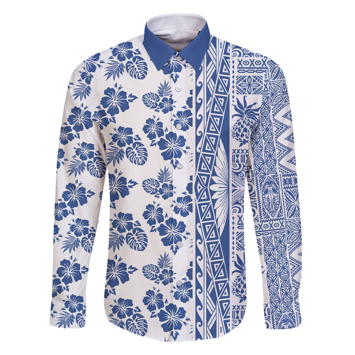 Hawaii Family Matching Off Shoulder Long Sleeve Dress and Hawaiian Shirt Aloha Tropical Plants Tribal Pattern Blue Version LT03 Dad's Shirt - Long Sleeve Blue - Polynesian Pride