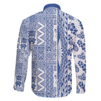 Hawaii Family Matching Off Shoulder Long Sleeve Dress and Hawaiian Shirt Aloha Tropical Plants Tribal Pattern Blue Version LT03 - Polynesian Pride