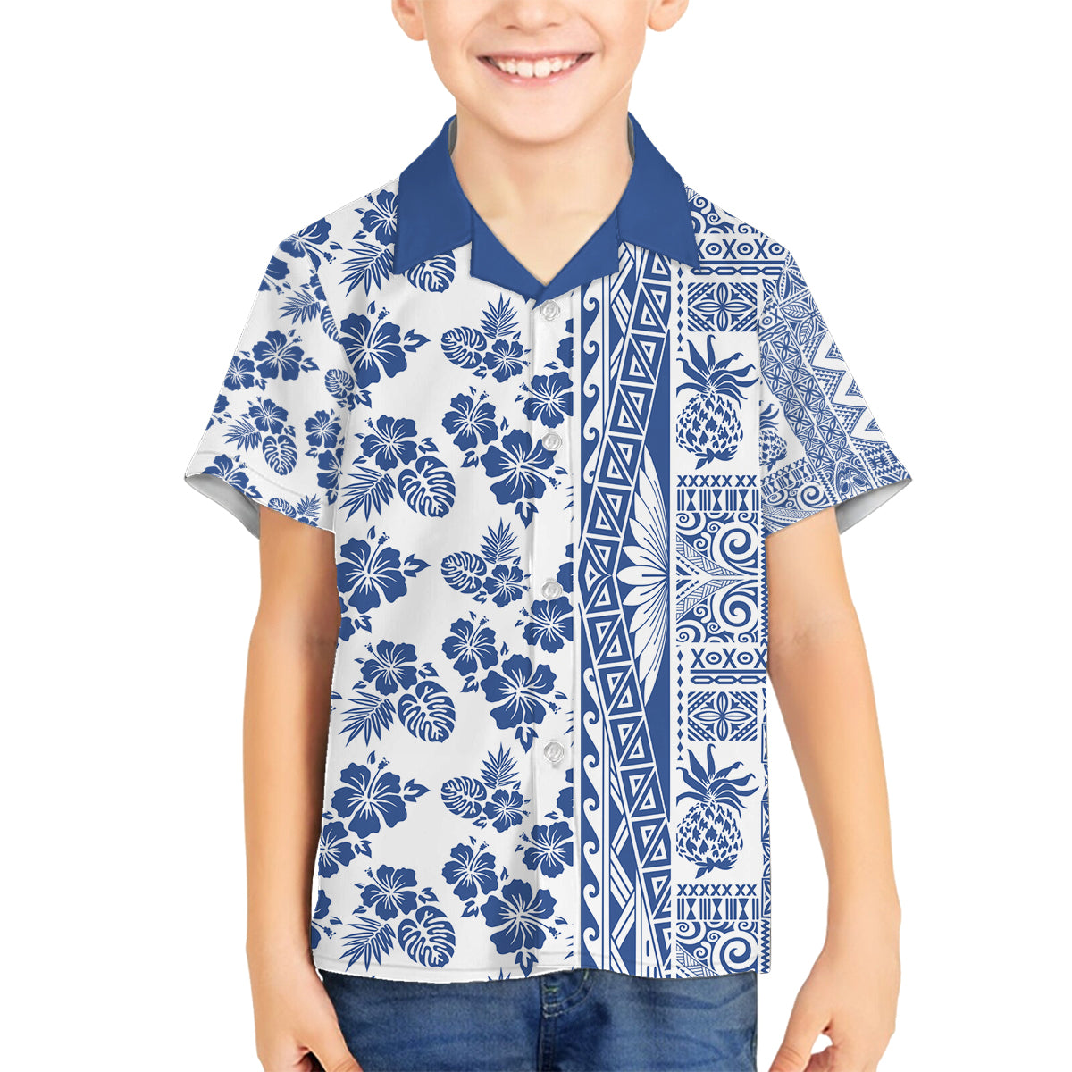 Hawaii Family Matching Off Shoulder Short Dress and Hawaiian Shirt Aloha Tropical Plants Tribal Pattern Blue Version LT03 Son's Shirt Blue - Polynesian Pride