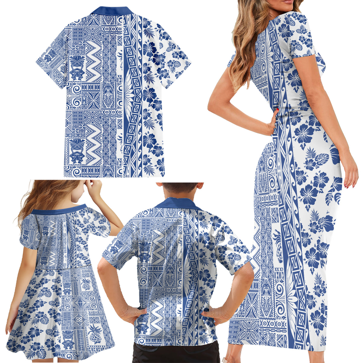 Hawaii Family Matching Short Sleeve Bodycon Dress and Hawaiian Shirt Aloha Tropical Plants Tribal Pattern Blue Version LT03 - Polynesian Pride