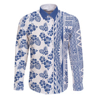 Hawaii Family Matching Short Sleeve Bodycon Dress and Hawaiian Shirt Aloha Tropical Plants Tribal Pattern Blue Version LT03 Dad's Shirt - Long Sleeve Blue - Polynesian Pride