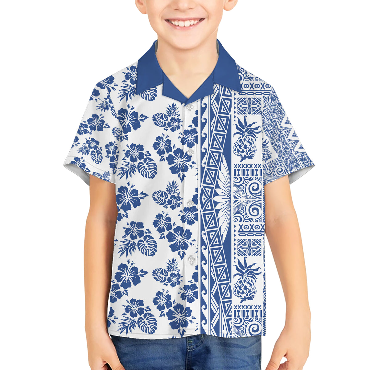 Hawaii Kid Hawaiian Shirt Aloha Tropical Plants Tribal Pattern Blue Version LT03 Kid Blue - Polynesian Pride
