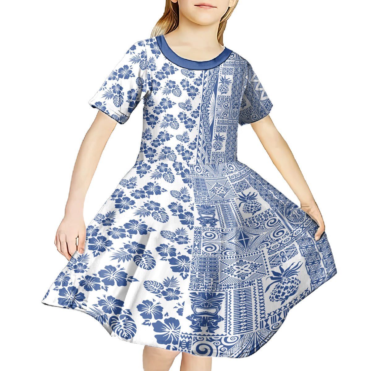 Hawaii Kid Short Sleeve Dress Aloha Tropical Plants Tribal Pattern Blue Version LT03 - Polynesian Pride