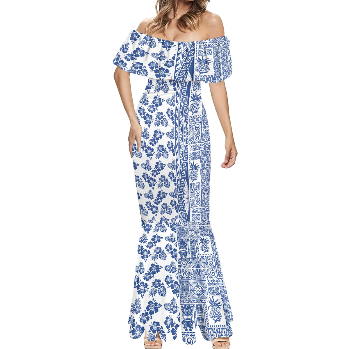 Hawaii Mermaid Dress Aloha Tropical Plants Tribal Pattern Blue Version LT03 - Polynesian Pride