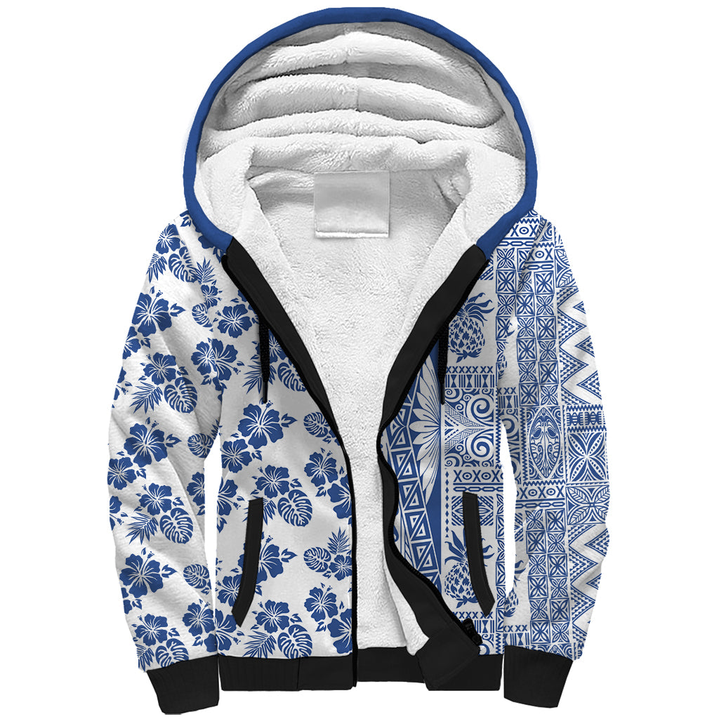 Hawaii Sherpa Hoodie Aloha Tropical Plants Tribal Pattern Blue Version LT03 Unisex Blue - Polynesian Pride
